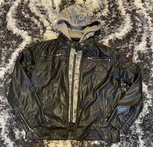 Point Zero Men's Faux Leather Motorcycle Jacket with Graphic Print Removable Hoo